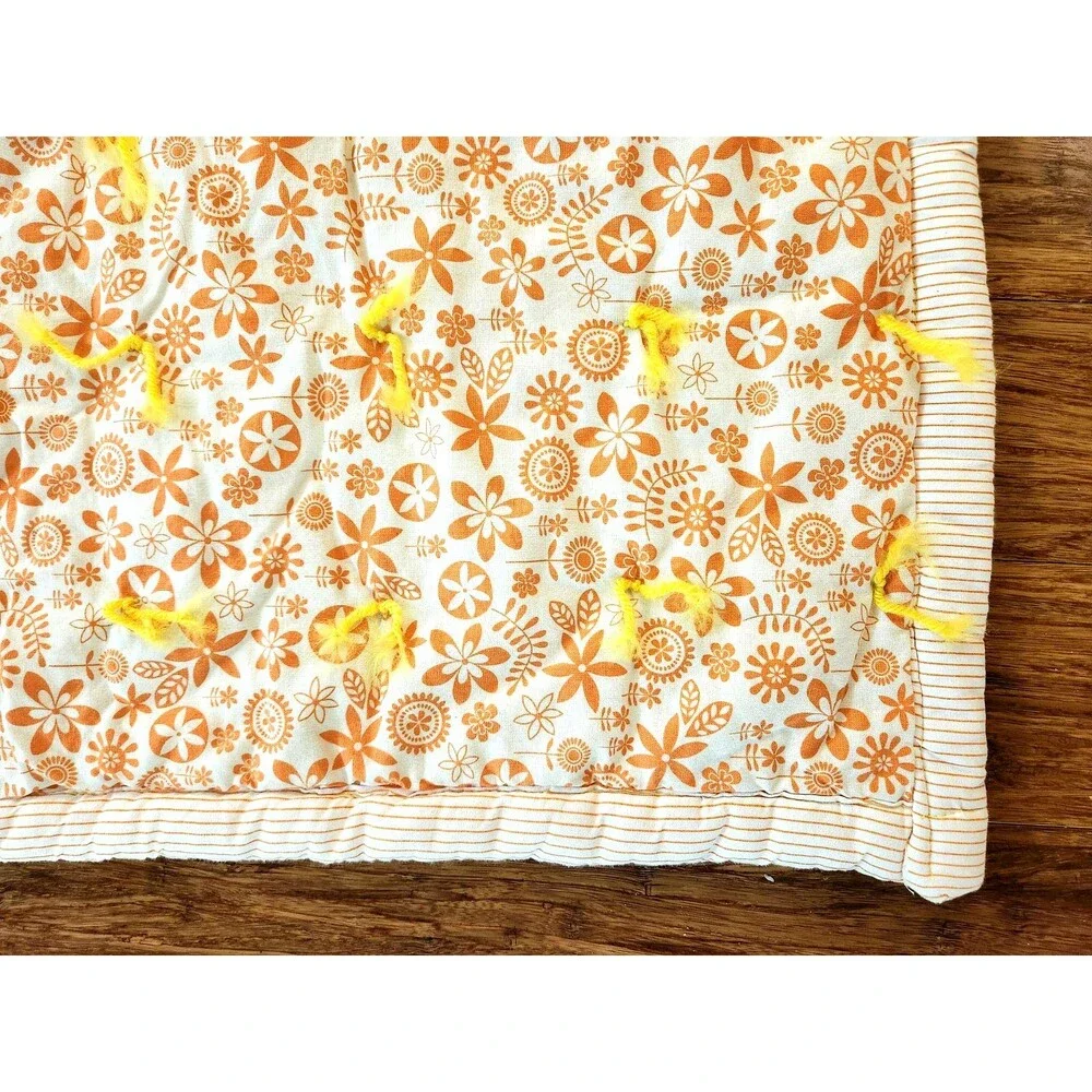 Handmade Baby Quilt Blanket Comforter White Orange Hand Tied Floral 52